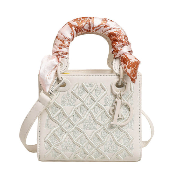 Elegant Embossed Pu Leather Handbag With Scarf Detail Versatile Top Handle & Crossbody Bag White Women's Bags & Handbags