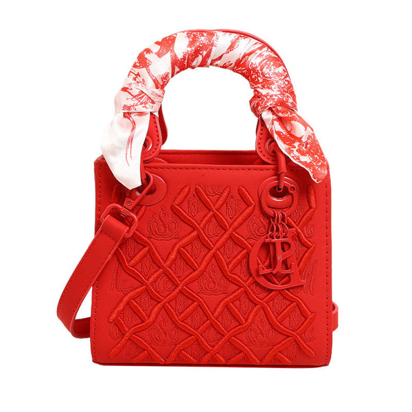 Elegant Embossed Pu Leather Handbag With Scarf Detail Versatile Top Handle & Crossbody Bag Red Women's Bags & Handbags