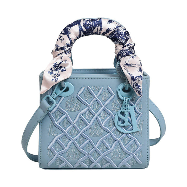 Elegant Embossed Pu Leather Handbag With Scarf Detail Versatile Top Handle & Crossbody Bag Blue Women's Bags & Handbags