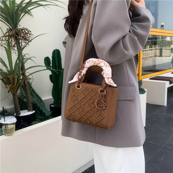 Elegant Embossed Pu Leather Handbag With Scarf Detail Versatile Top Handle & Crossbody Bag Blue Women's Bags & Handbags