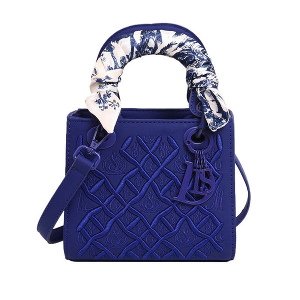 Elegant Embossed Pu Leather Handbag With Scarf Detail Versatile Top Handle & Crossbody Bag Dark Blue Women's Bags & Handbags