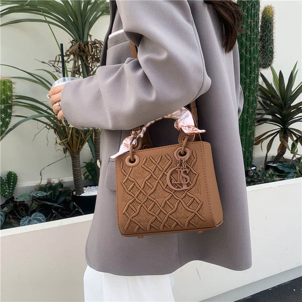 Elegant Embossed Pu Leather Handbag With Scarf Detail Versatile Top Handle & Crossbody Bag Dark Blue Women's Bags & Handbags