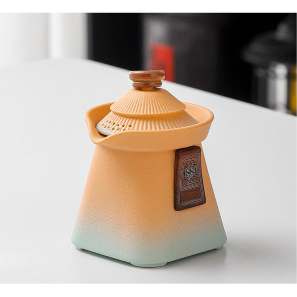 Artisan Ceramic Tea Pot With Built In Strainer 280Ml Gradient Finish & Wooden Accents(Yellow+Cyan) Teapots