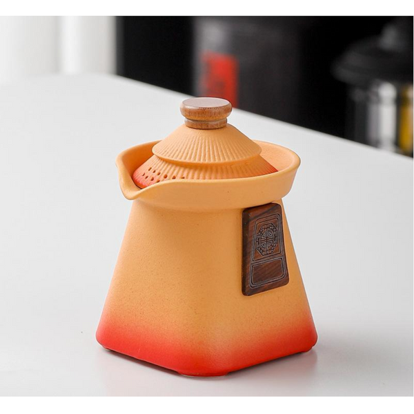 Artisan Ceramic Tea Pot With Built In Strainer 280Ml Gradient Finish & Wooden Accents(Yellow+Red) Teapots