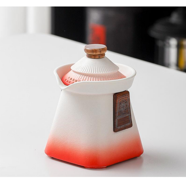 Artisan Ceramic Tea Pot With Built In Strainer 280Ml Gradient Finish & Wooden Accents(White+Red) Teapots