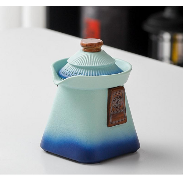 Artisan Ceramic Tea Pot With Built In Strainer 280Ml Gradient Finish & Wooden Accents(Blue+Green) Teapots