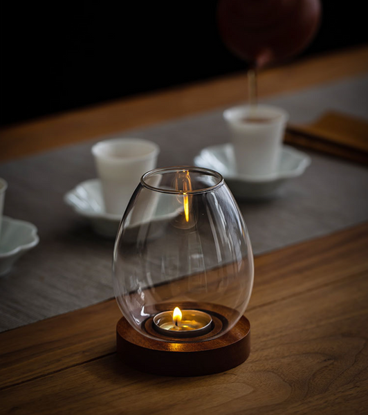 Windproof Glass Candle Cover With Wood Base For Tealights Zen Home Accent Transparent Candle Holders & Accessories