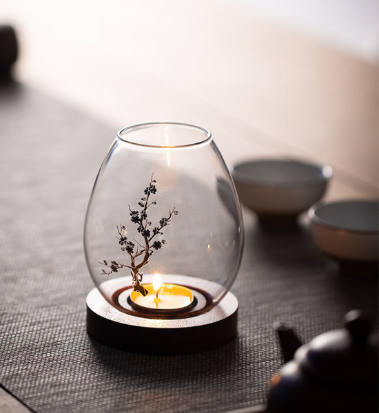 Windproof Glass Candle Cover With Wood Base Tealights Zen Home Accent Plum Blossom Candlestick Candle Holders & Accessories