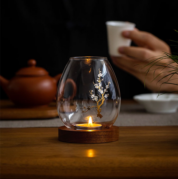 Windproof Glass Candle Cover With Wood Base Tealights Zen Home Accent Plum Blossom Candlestick Candle Holders & Accessories