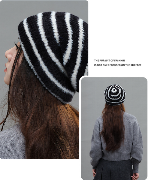 Trendy Dual Tone Striped Beanie Soft Plush Knit Versatile Winter Cap Black And White Hats