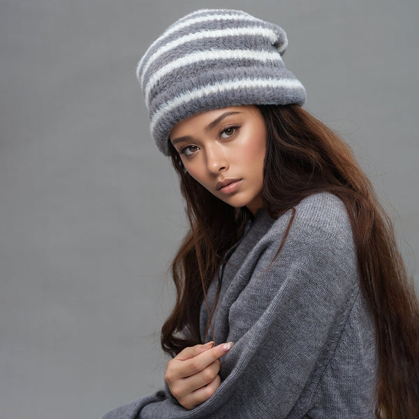 Trendy Dual Tone Striped Beanie Soft Plush Knit Versatile Winter Cap Gray And White Hats
