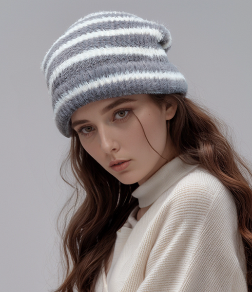 Trendy Dual Tone Striped Beanie Soft Plush Knit Versatile Winter Cap Gray And White Hats