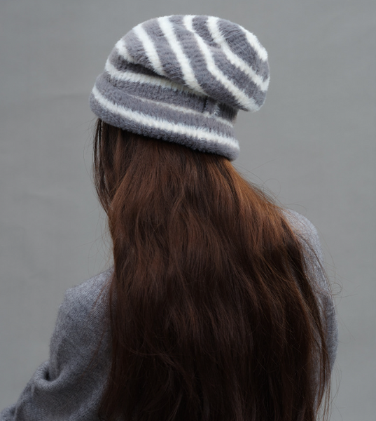 Trendy Dual Tone Striped Beanie Soft Plush Knit Versatile Winter Cap Gray And White Hats