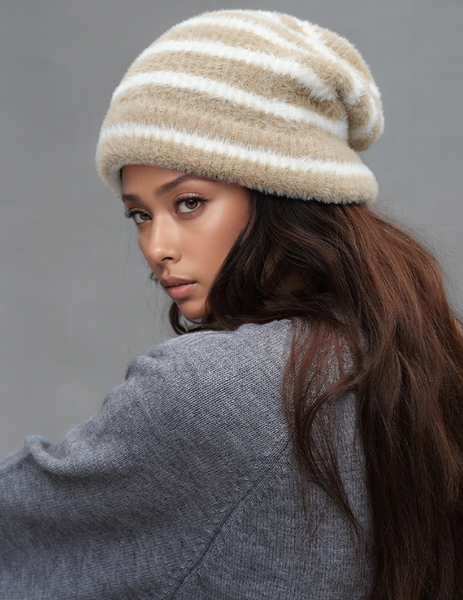 Trendy Dual Tone Striped Beanie Soft Plush Knit Versatile Winter Cap Khaki And White Hats