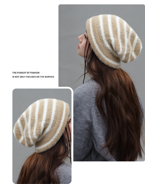 Trendy Dual Tone Striped Beanie Soft Plush Knit Versatile Winter Cap Khaki And White Hats
