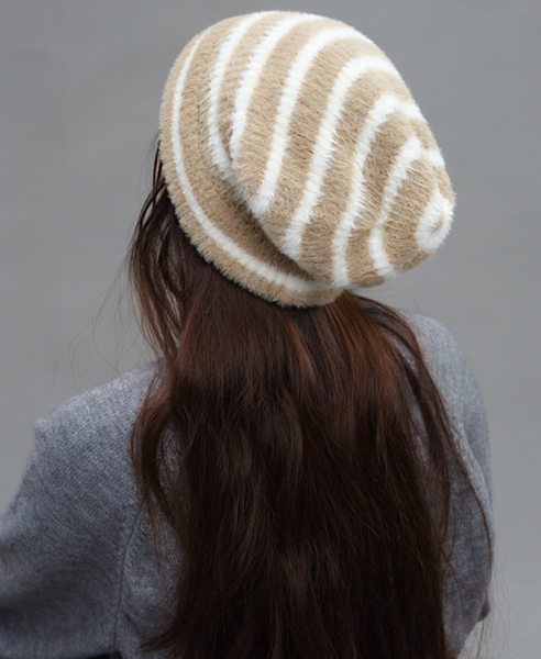 Trendy Dual Tone Striped Beanie Soft Plush Knit Versatile Winter Cap Khaki And White Hats