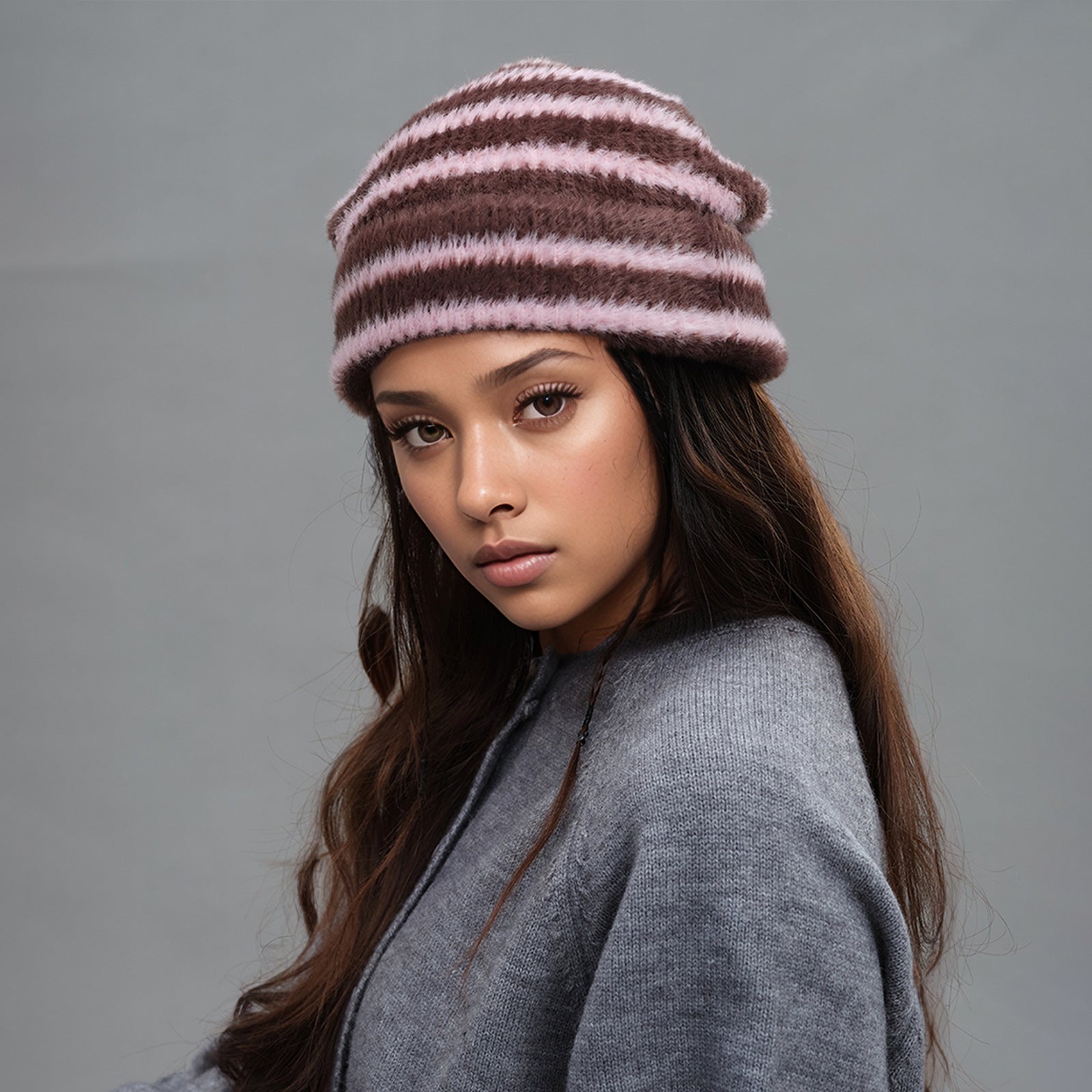 Trendy Dual Tone Striped Beanie Soft Plush Knit Versatile Winter Cap Pink And Brown Hats