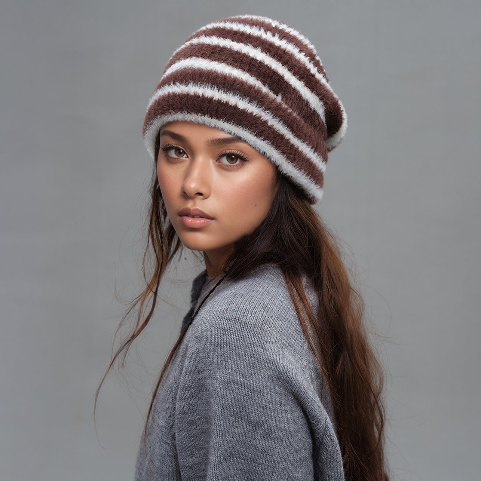 Trendy Dual Tone Striped Beanie Soft Plush Knit Versatile Winter Cap Brown And White Hats