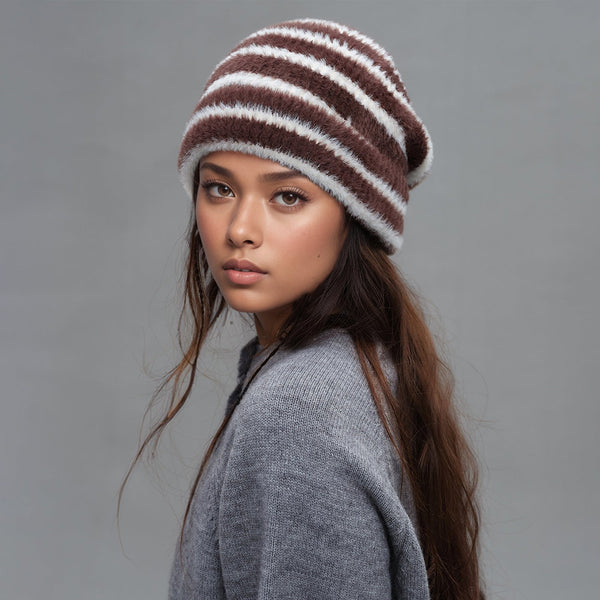 Trendy Dual Tone Striped Beanie Soft Plush Knit Versatile Winter Cap Brown And White Hats