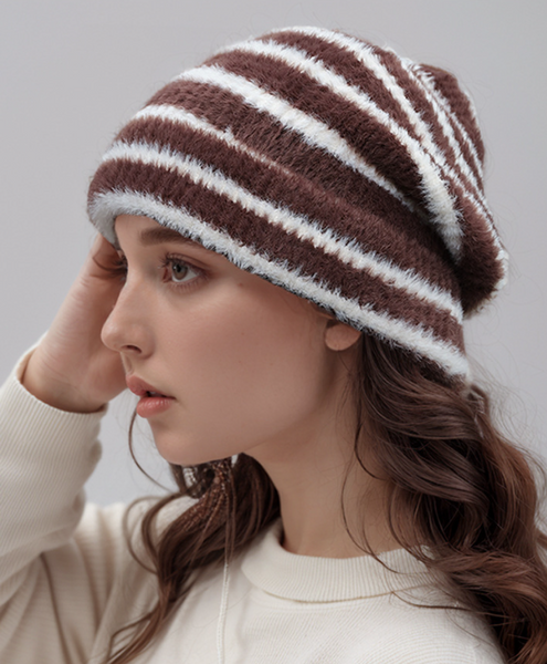 Trendy Dual Tone Striped Beanie Soft Plush Knit Versatile Winter Cap Brown And White Hats
