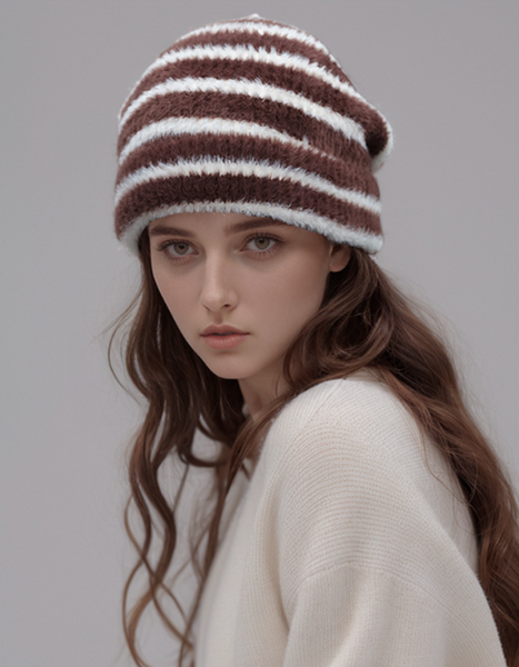 Trendy Dual Tone Striped Beanie Soft Plush Knit Versatile Winter Cap Brown And White Hats