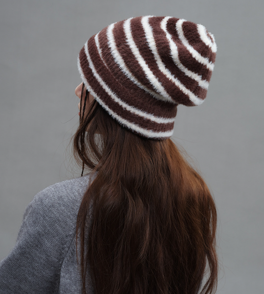 Trendy Dual Tone Striped Beanie Soft Plush Knit Versatile Winter Cap Brown And White Hats