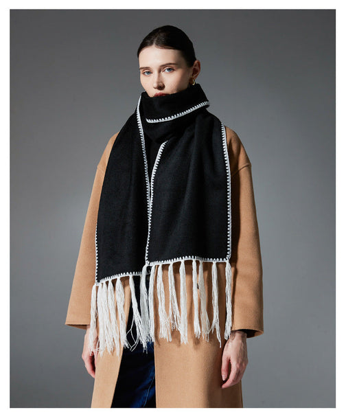 Black Contrast Edge & Tassel Scarf Chic Autumn/Winter Neckwear (190X30cm) Scarves & Wraps