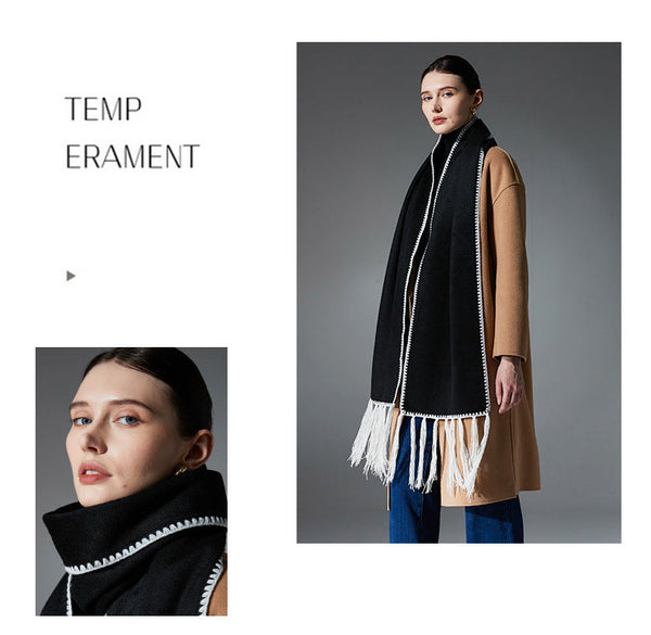 Black Contrast Edge & Tassel Scarf Chic Autumn/Winter Neckwear (190X30cm) Scarves & Wraps