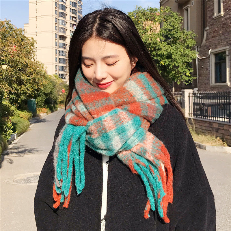 Orange Blue Womens Fashion Plaid Scarf Warm Stylish Long Neck Warmer 220X40cm Scarves & Wraps