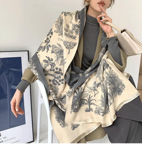 Gray Beige Luxury Soft Printed Pashmina Style Wrap Large Scarf For Women (185X65cm) Scarves & Wraps