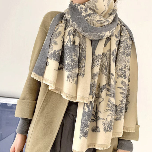 Gray Beige Luxury Soft Printed Pashmina Style Wrap Large Scarf For Women (185X65cm) Scarves & Wraps