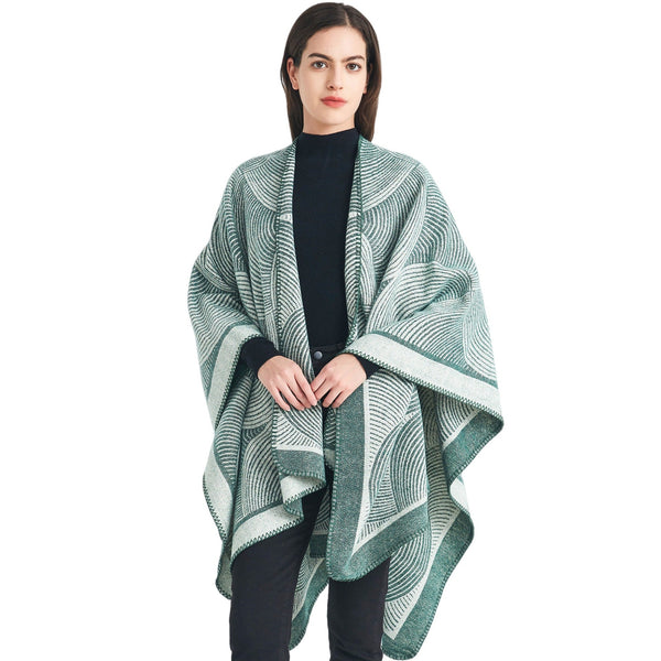 Green Geometric Print Cape Cozy Knit Poncho For Women (165X130cm) Scarves & Wraps