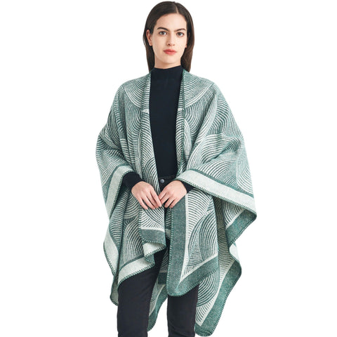 Green Geometric Print Cape Cozy Knit Poncho For Women (165X130cm) Scarves & Wraps