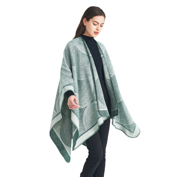 Green Geometric Print Cape Cozy Knit Poncho For Women (165X130cm) Scarves & Wraps