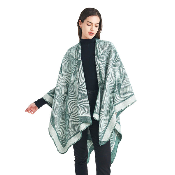 Green Geometric Print Cape Cozy Knit Poncho For Women (165X130cm) Scarves & Wraps