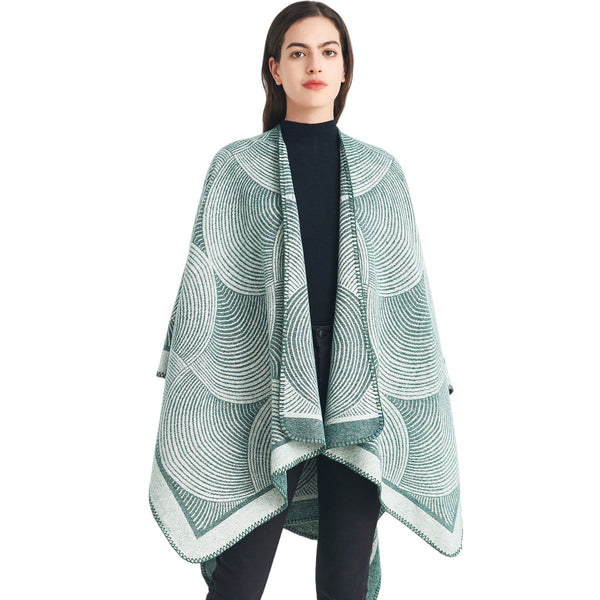 Green Geometric Print Cape Cozy Knit Poncho For Women (165X130cm) Scarves & Wraps