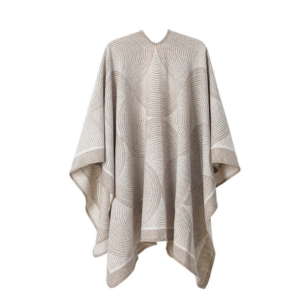 Khaki Geometric Print Cape Cozy Knit Poncho For Women 165X130cm Scarves & Wraps
