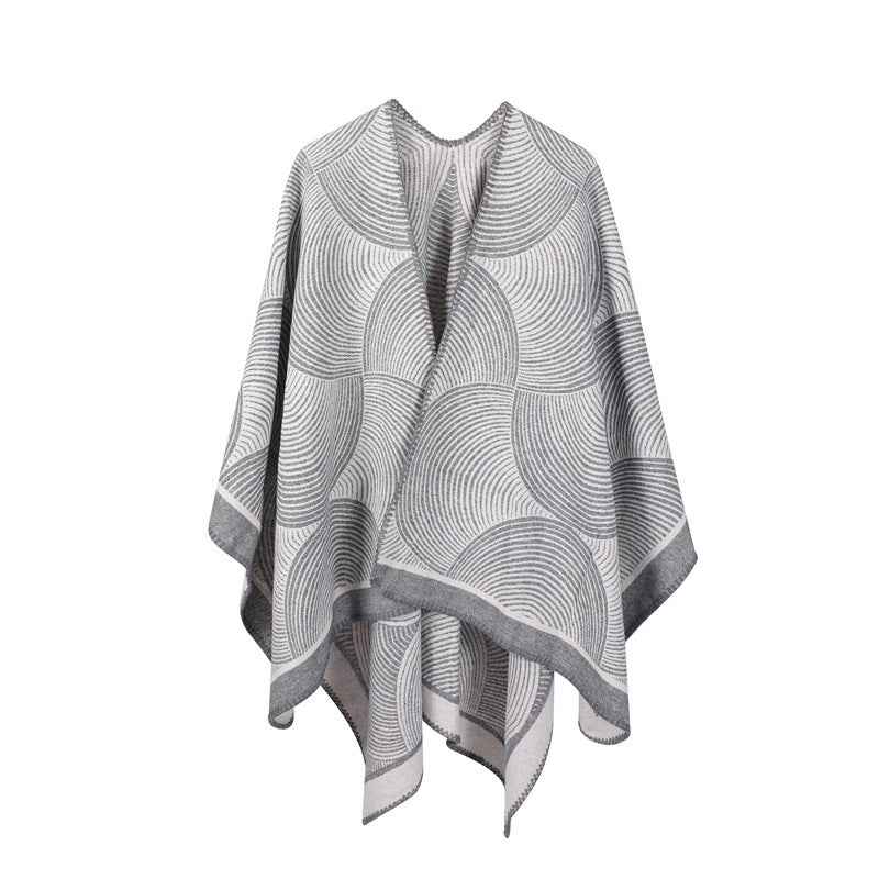 Grey Geometric Print Cape Cozy Knit Poncho For Women (165X130cm) Scarves & Wraps