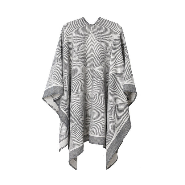 Grey Geometric Print Cape Cozy Knit Poncho For Women (165X130cm) Scarves & Wraps