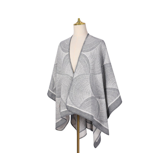 Grey Geometric Print Cape Cozy Knit Poncho For Women (165X130cm) Scarves & Wraps