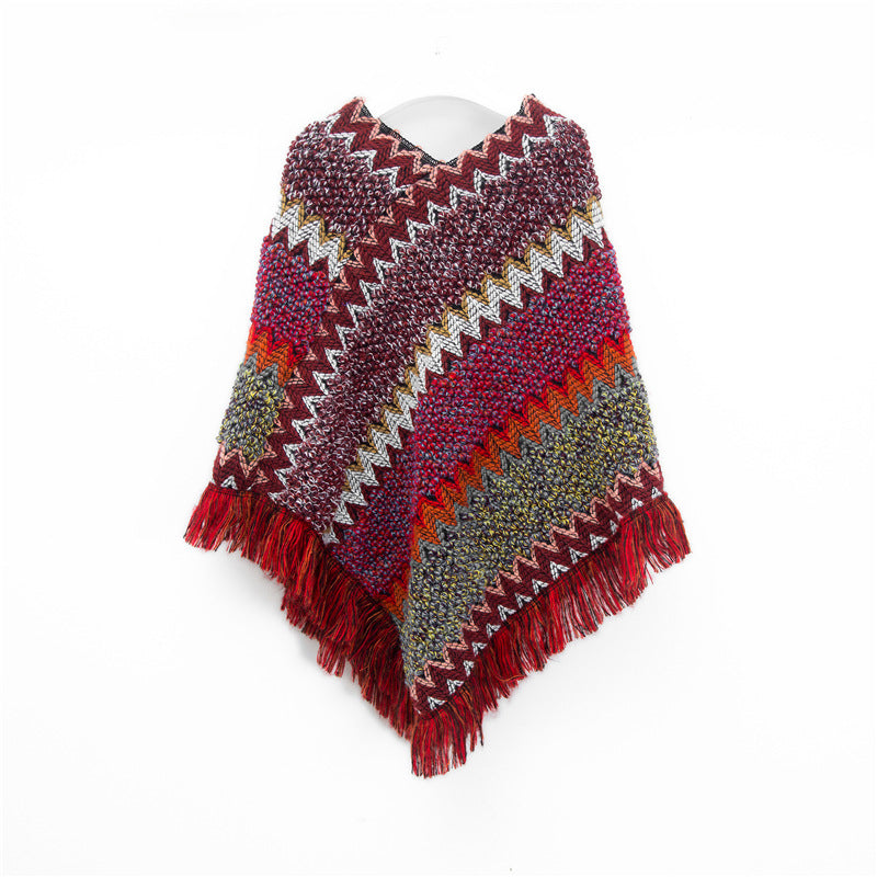 Wine Red Lightweight Chevron Knit Poncho For Women Elegant Fringed Shawl Wrap Scarves & Wraps