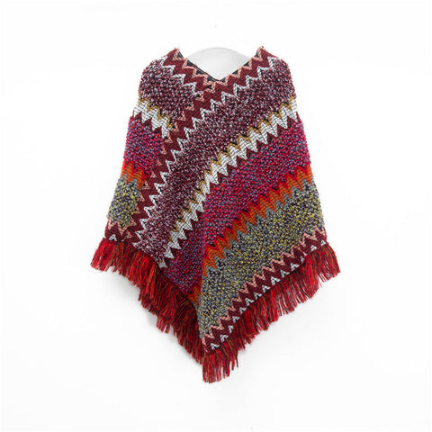 Wine Red Lightweight Chevron Knit Poncho For Women Elegant Fringed Shawl Wrap Scarves & Wraps
