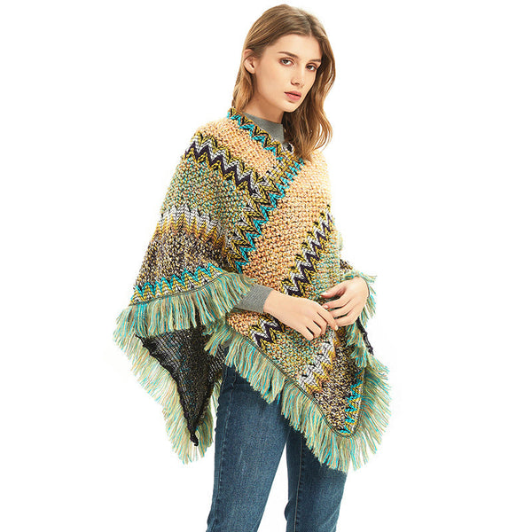 Light Yellow Green Lightweight Chevron Knit Poncho For Women Elegant Fringed Shawl Wrap Scarves & Wraps