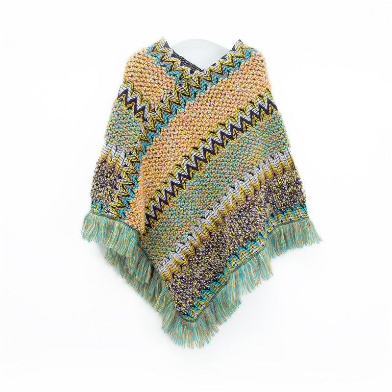 Light Yellow Green Lightweight Chevron Knit Poncho For Women Elegant Fringed Shawl Wrap Scarves & Wraps