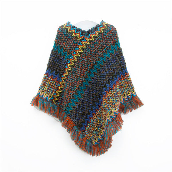 Navy Blue Lightweight Chevron Knit Poncho For Women Elegant Fringed Shawl Wrap Scarves & Wraps