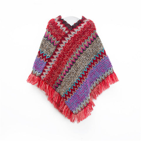 Red Lightweight Chevron Knit Poncho For Women Elegant Fringed Shawl Wrap Scarves & Wraps