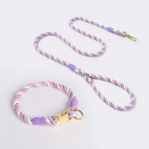 Handmade Gradient Rope Dog Collar & Leash Set Colorful Braided Cotton (Pink Purple Size S) Dog Collars