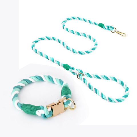 Handmade Gradient Rope Dog Collar & Leash Set Colorful Braided Cotton (Light Green Size M) Dog Collars