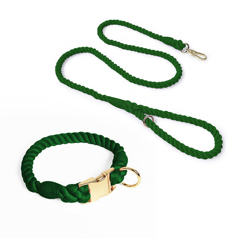 Handmade Gradient Rope Dog Collar & Leash Set Colorful Braided Cotton Dark Green Size M Dog Collars