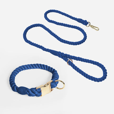 Handmade Gradient Rope Dog Collar & Leash Set Colorful Braided Cotton (Navy Blue Size M) Dog Collars
